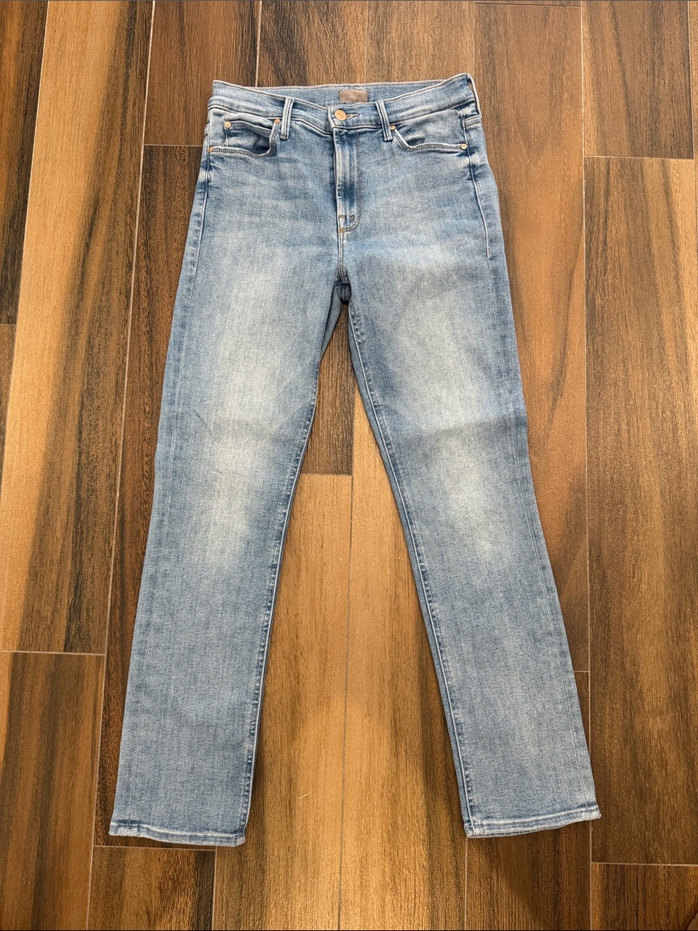 MOTHER Light Blue Straight Leg Jeans 
Style is Mid rise Dazzler Flood